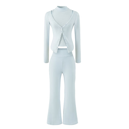 Women Figure-Hugging Layering Set with Turtleneck Long Sleeve and Asymmetrical Button Jacket and Flared High-Waist Pants EVA-US