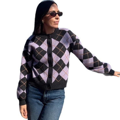 Women's argyle cardigan with boxy silhouette and large button placket EVA-US