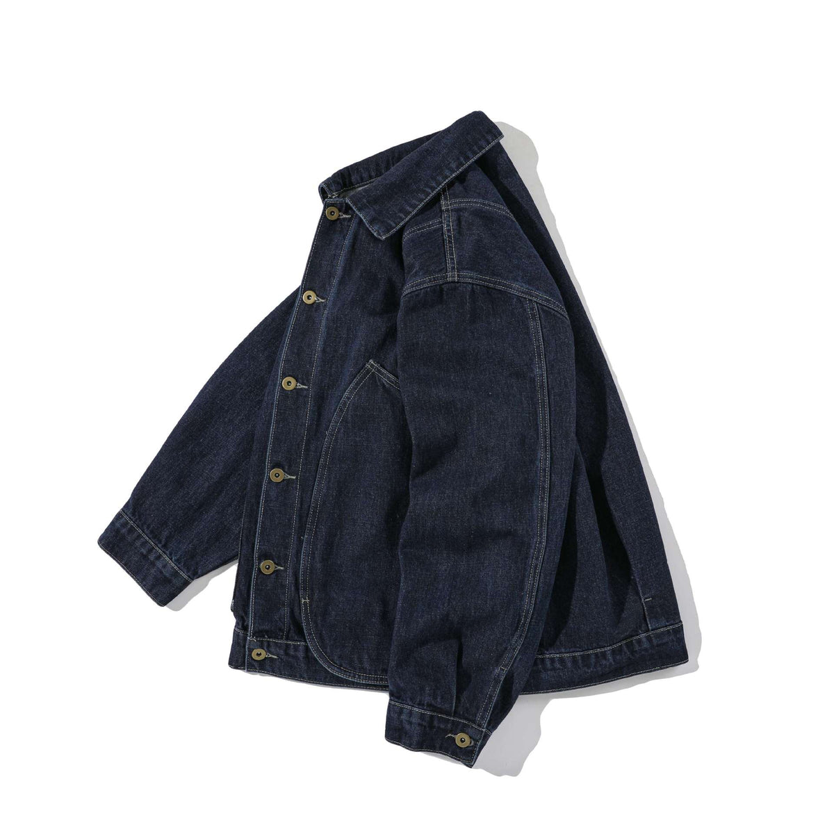 Unisex Boxy Denim Jacket in Workwear Style with Distinctive Round Pockets EVA-US