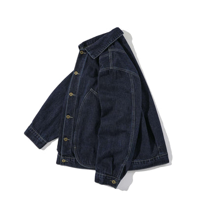 Unisex Boxy Denim Jacket in Workwear Style with Distinctive Round Pockets EVA-US