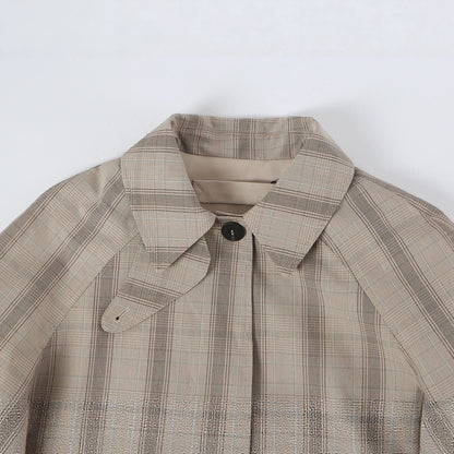 Women's Mid-Length Check Coat with Concealed Button Placket and Raglan Sleeves EVA-US