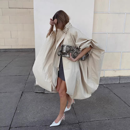 Women Oversize Cape Coat with Stand-Up Collar and Balloon-Shaped Silhouette EVA-US