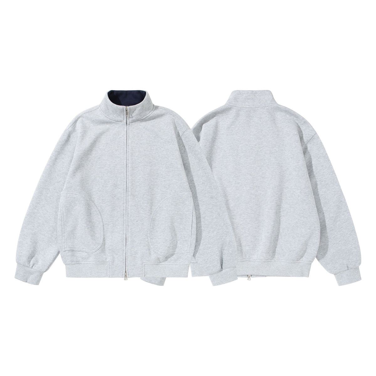 Unisex Oversized Sweat Jacket with Stand Collar, Two-Sided Zipper and Notable Half-Round Pockets EVA-US