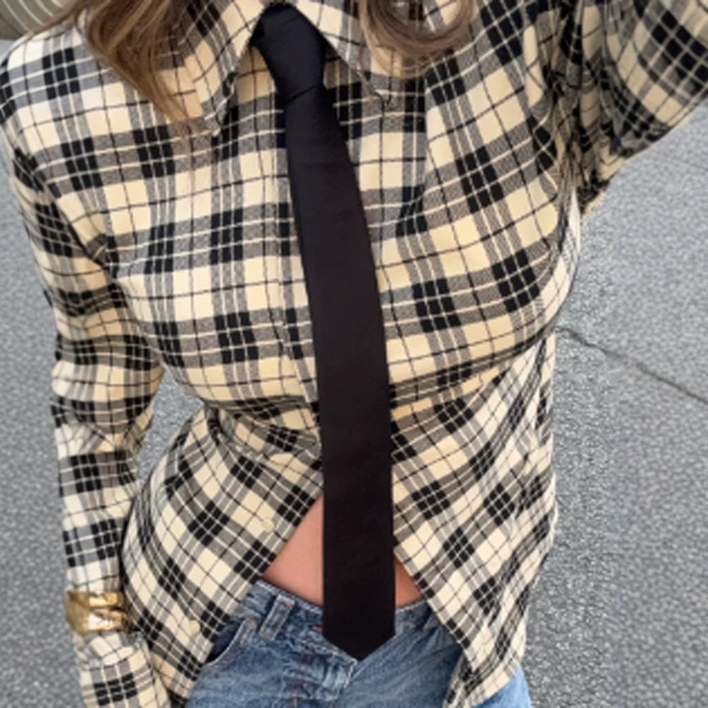 Women Check Shirt Jacket with Emphasized Shoulders and Oversized Cut EVA-US