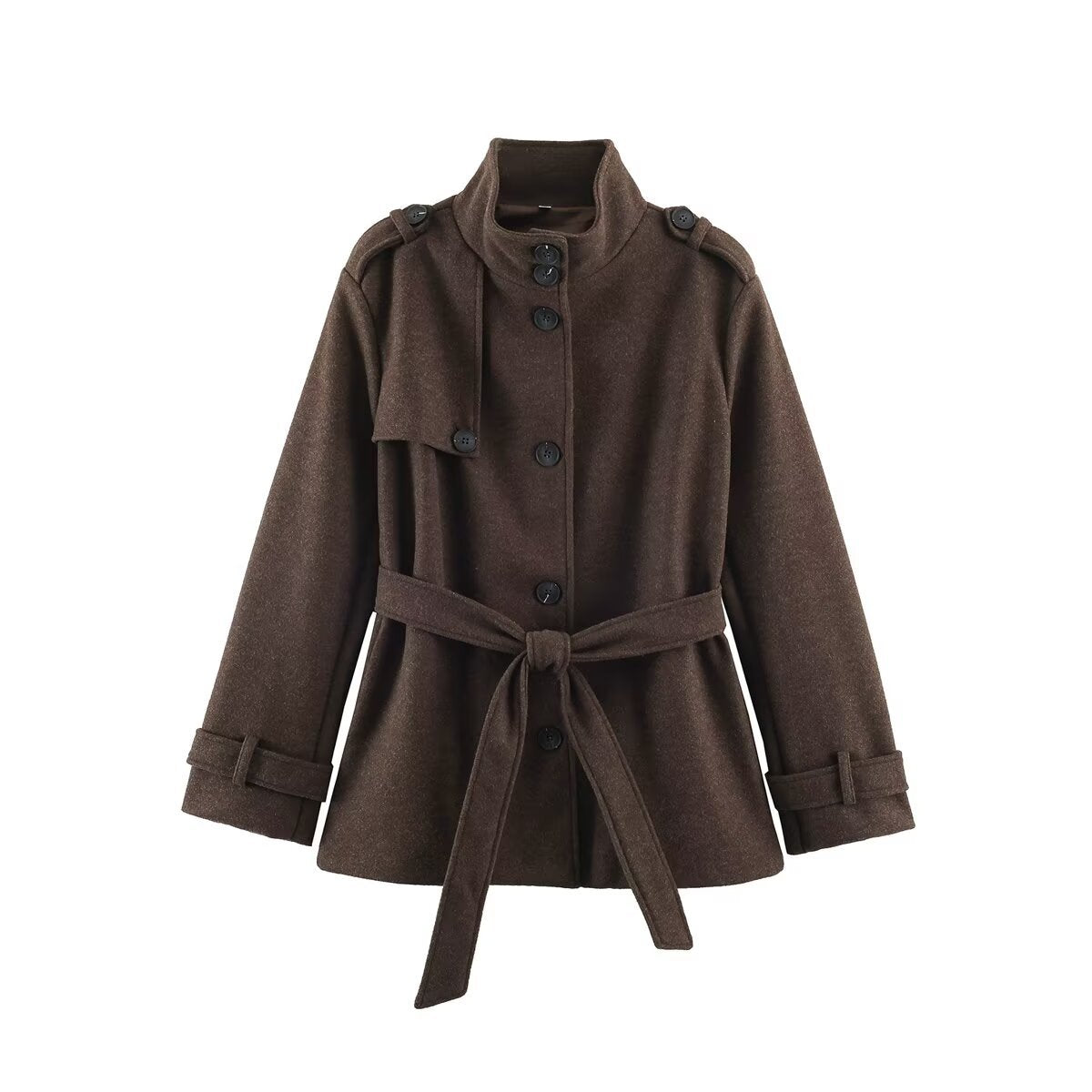 Women’s short trench coat made of wool blend with stand-up collar, epaulettes, and tie belt EVA-US
