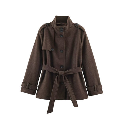 Women’s short trench coat made of wool blend with stand-up collar, epaulettes, and tie belt EVA-US
