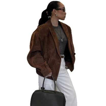 Women's Short Suede Boxy Jacket with Kimono-like Lapel EVA-US