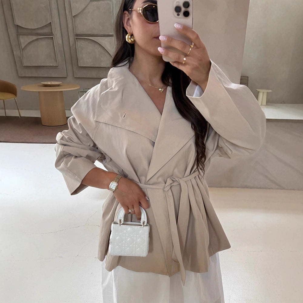 Women's wrap short jacket with tie belt, dropped shoulder and boxy silhouette EVA-US