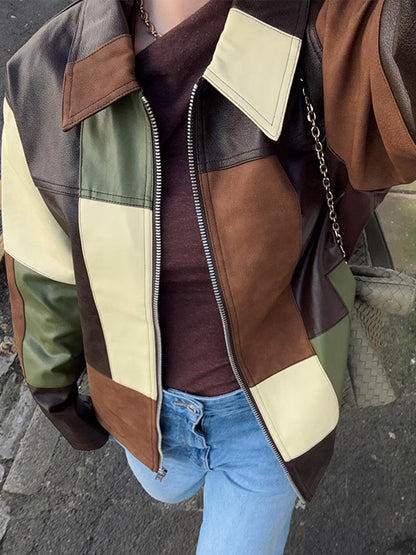Women Patchwork Leather Jacket with Zipper and Oversize Boxy Cut EVA-US
