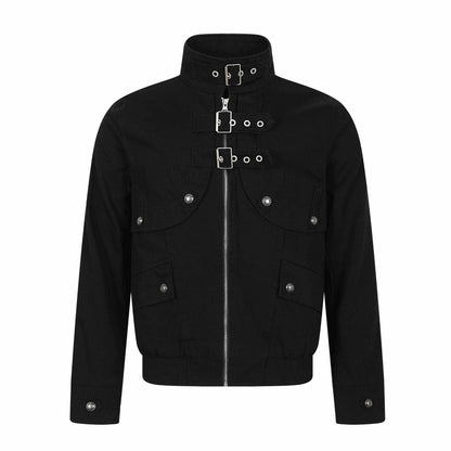 Unisex Short-cut Canvas Field Blouson with Buckle Placket, Utility Pockets and High Standing Collar EVA-US