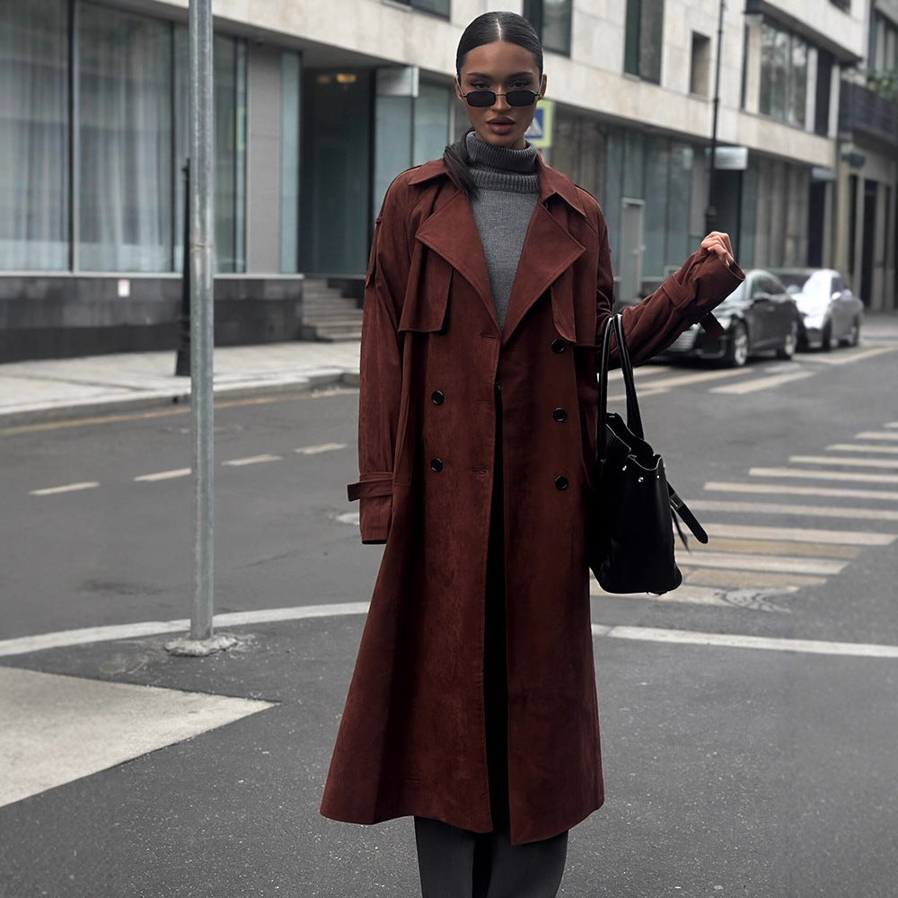 Women's long trench coat made of suede imitation with double button placket EVA-US