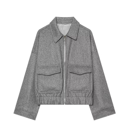 Ladies short jacket made of wool blend with zipper, flap pockets and elastic hem EVA-US