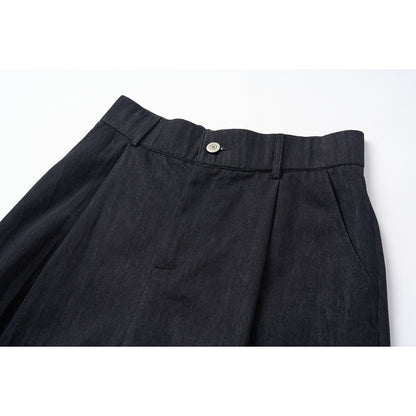 Women's high-waisted wide culotte pants made of denim mix with pleats and button closure EVA-US