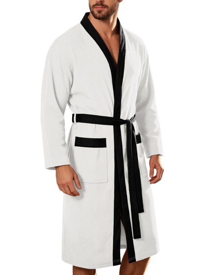 Men's lightweight cotton kimono bathrobe with waffle texture and patch pockets EVA-US