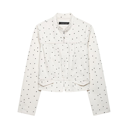 Women's Polka Dot Cropped Denim Jacket with Stand-up Collar, Zipper and Flap Pockets EVA-US