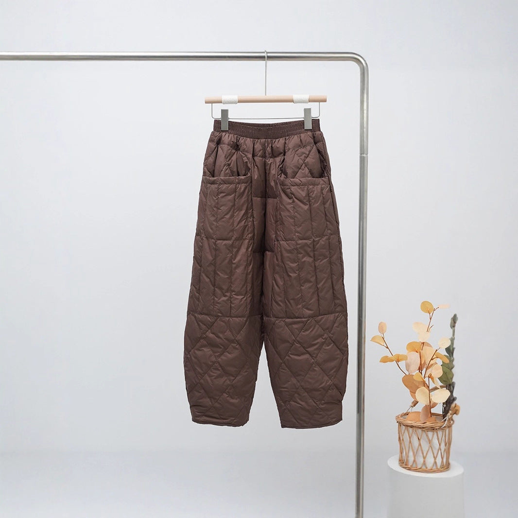 Women's Quilted Oversized Padded Pants with Elastic Waistband and Large Patch Pockets EVA-US