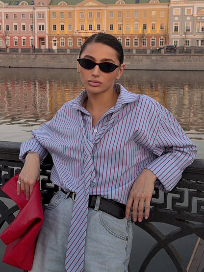 Women's Striped Shirt Blouse with Integrated Tie Detail & Oversized Cut EVA-US