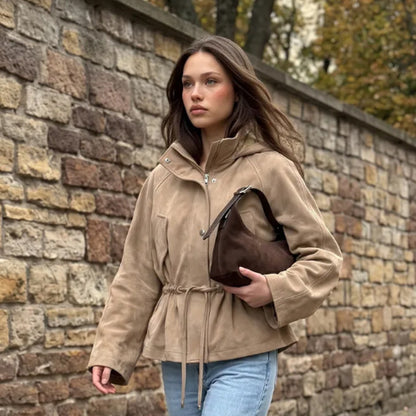 Women Short Jacket in Suede Look with Hood and Waist Drawstring EVA-US