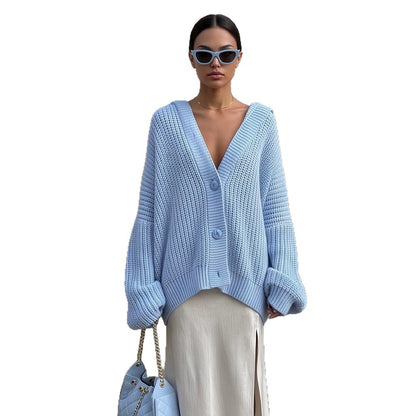 Women's oversized hooded knit cardigan with balloon sleeves and button placket EVA-US