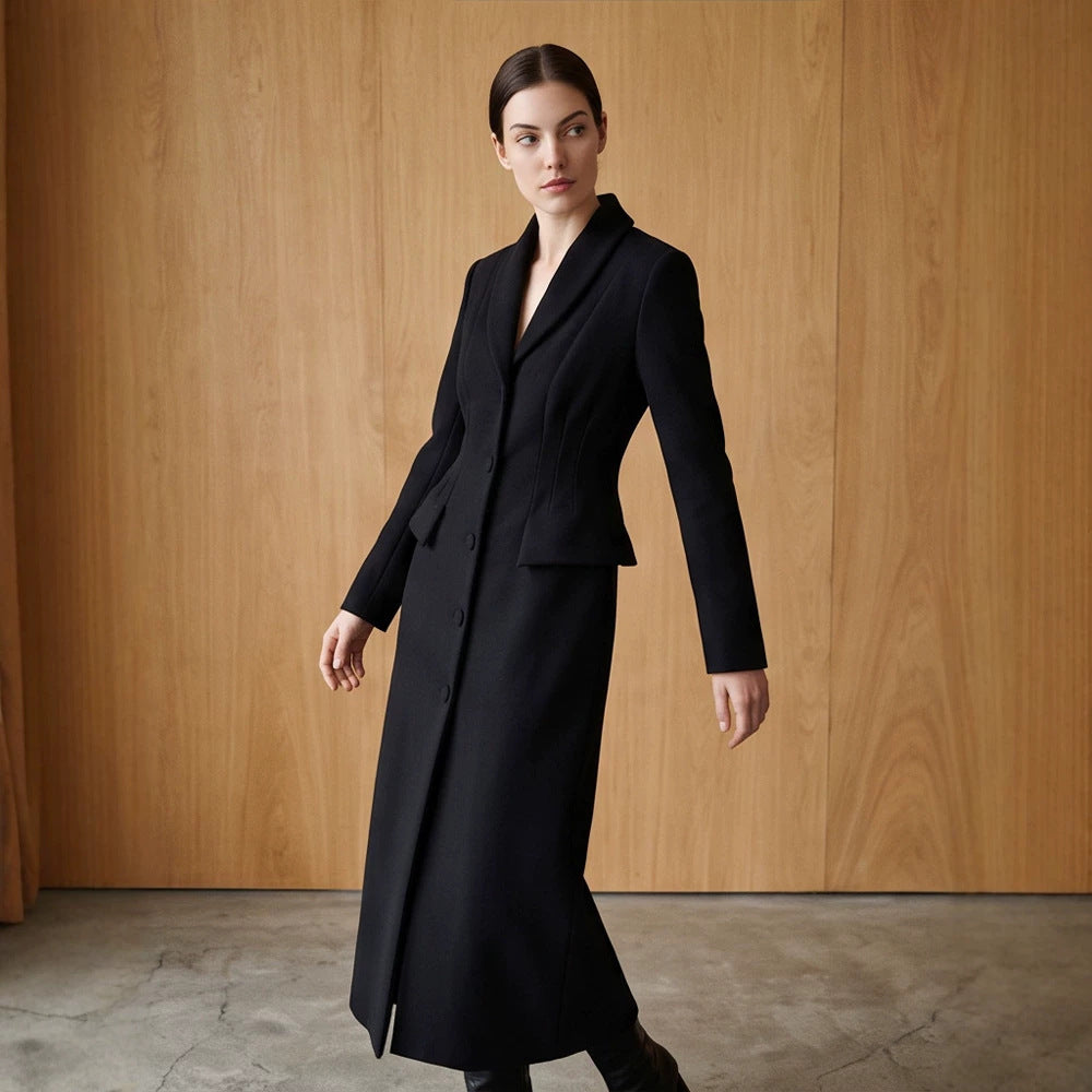 Women's Tailored Long Coat with Shawl Collar and Figure-Shaping Darts EVA-US