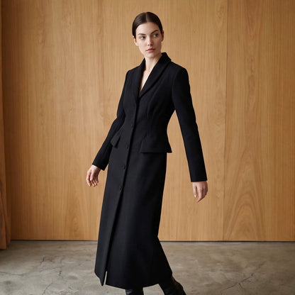 Women's Tailored Long Coat with Shawl Collar and Figure-Shaping Darts EVA-US