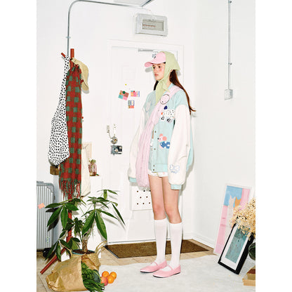 Women's Playful Bomber Jacket with Chenille Applications and Contrast Sleeves EVA-US