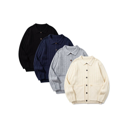 Unisex Structured Knit Cardigan with Shirt Collar and Patch Pockets EVA-US