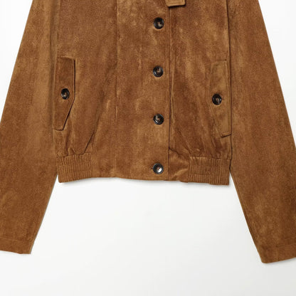 Women's short blouse jacket made of velour suede with button placket, concealed zipper, and elastic hem EVA-US