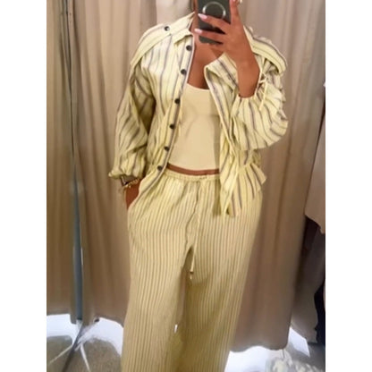 Women Striped Two-Piece Loungewear Set with Oversized Shirt Jacket and Drawstring Pants EVA-US