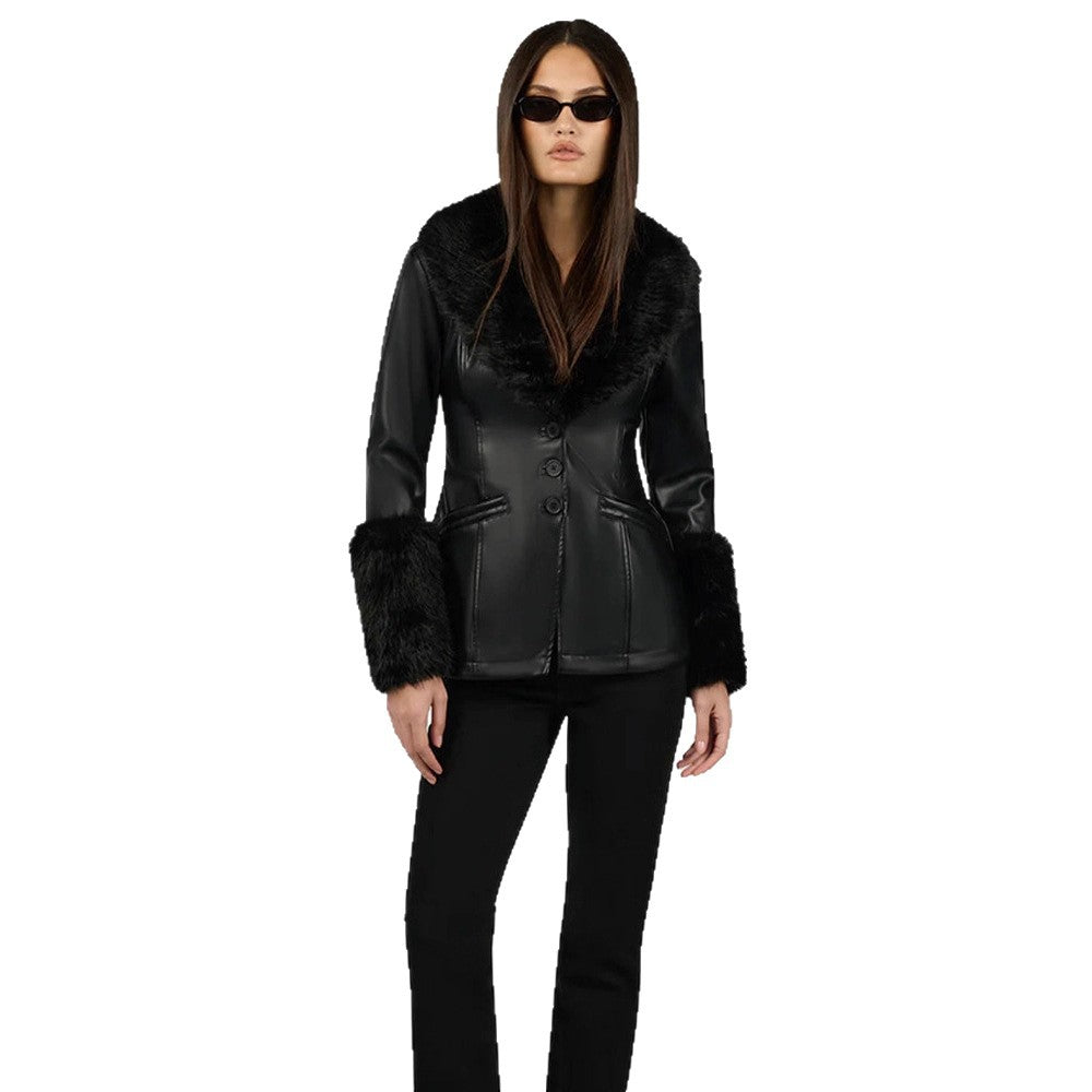 Women Tailored Faux Leather Midi Coat with Wiener Seams, voluminous Faux Fur Shawl Collar & Fur Cuffs EVA-US