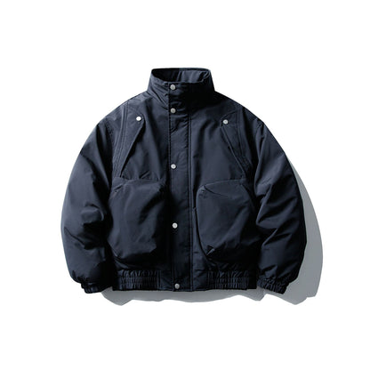 Men's Short Boxy Thermal Bomber with High Stand-Up Collar and Attached XXL Pockets EVA-US
