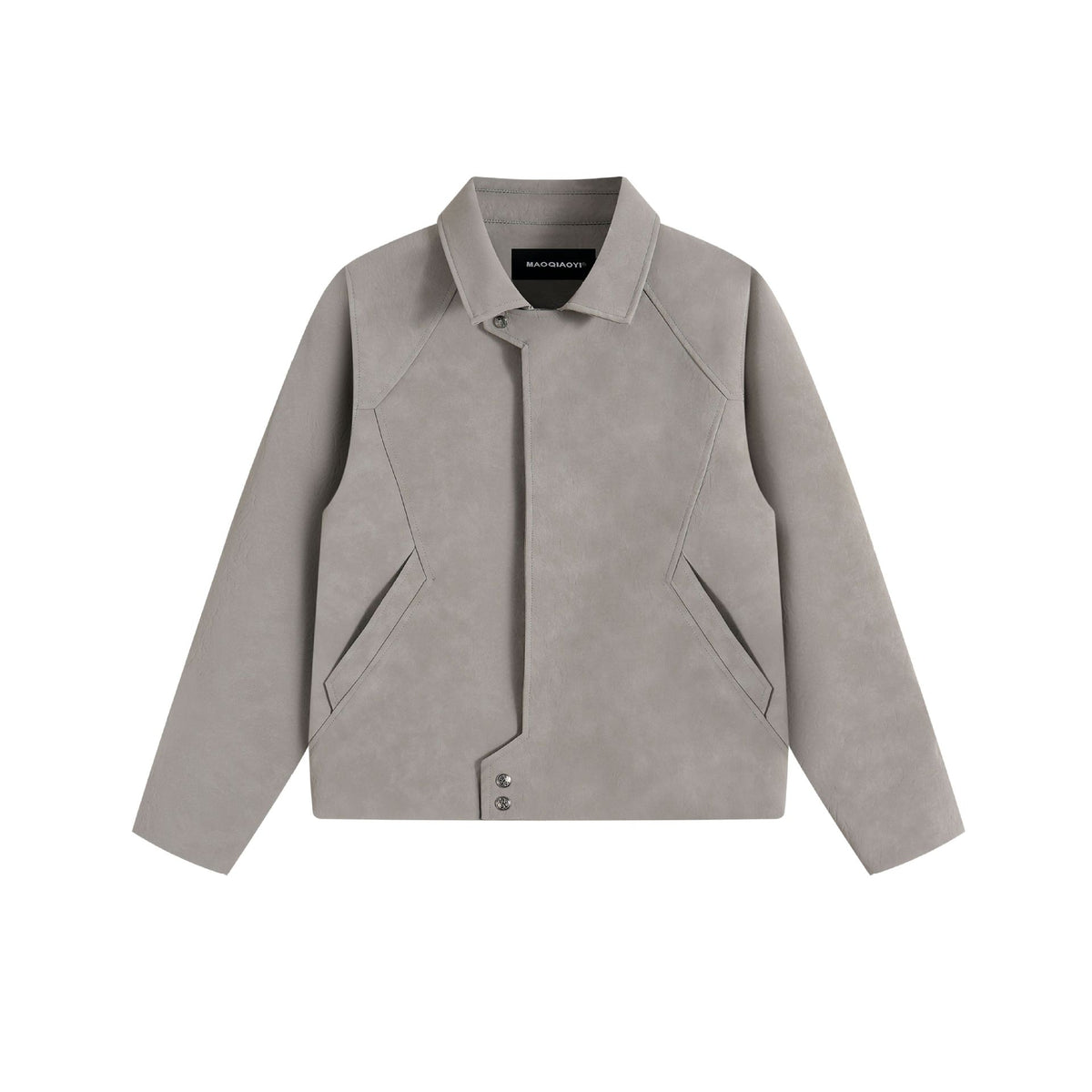 Men's short jacket in suede look with asymmetric front flap and geometric flap pockets.