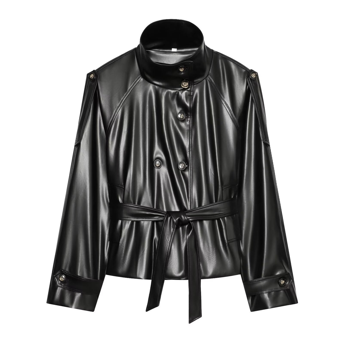 Women's Cropped Faux Leather Jacket with High Collar and Waistband EVA-US
