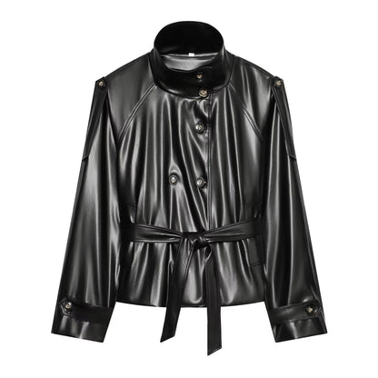 Women's Cropped Faux Leather Jacket with High Collar and Waistband EVA-US