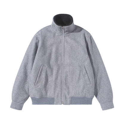 Unisex Boxy Wool Felt Bomber Jacket with High Stand-Up Collar, Fleece Lining and Ribbed Hem EVA-US