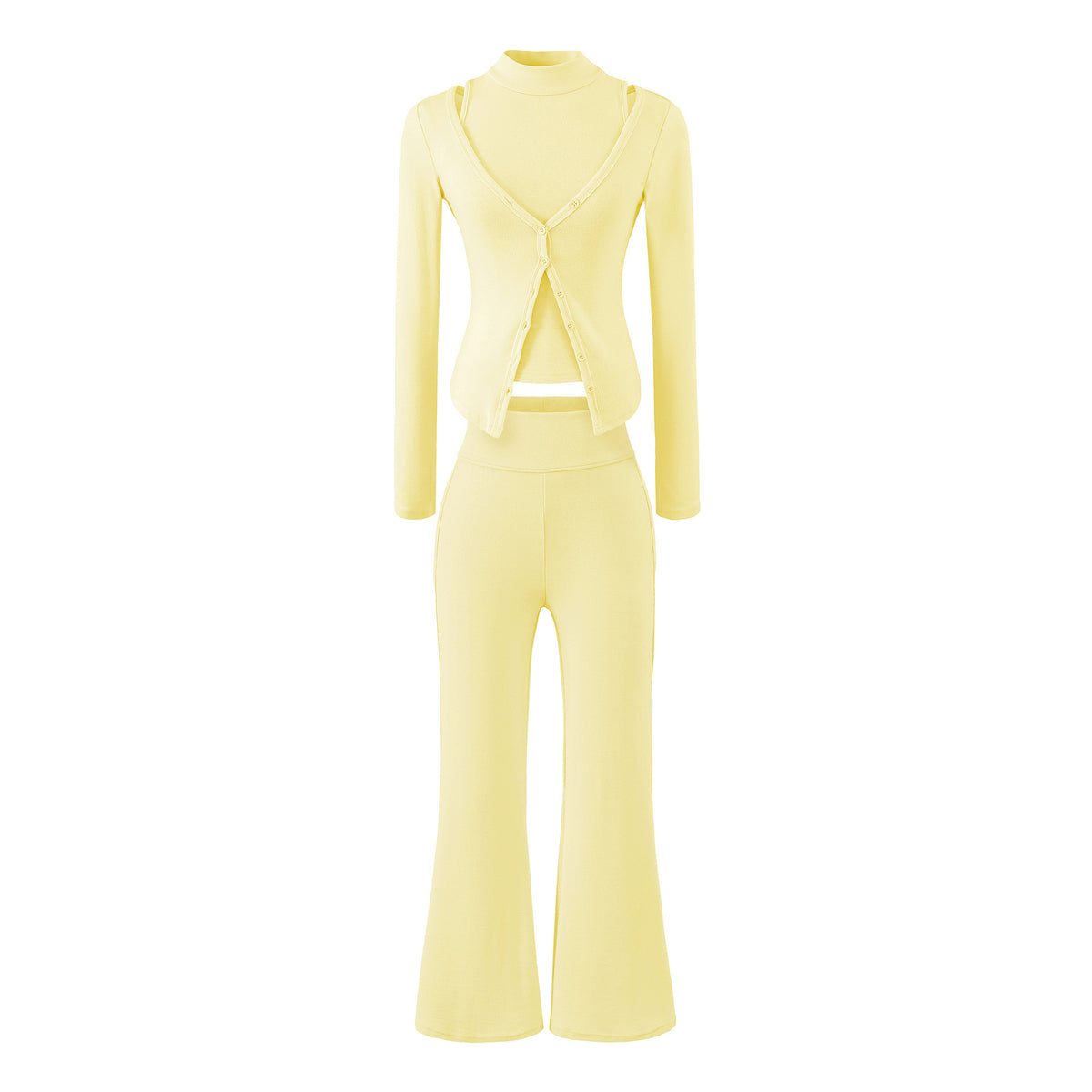 Women Figure-Hugging Layering Set with Turtleneck Long Sleeve and Asymmetrical Button Jacket and Flared High-Waist Pants EVA-US