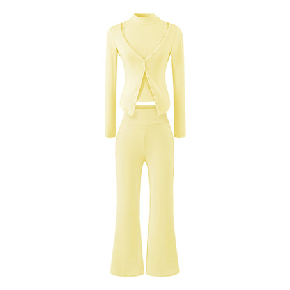 Women Figure-Hugging Layering Set with Turtleneck Long Sleeve and Asymmetrical Button Jacket and Flared High-Waist Pants EVA-US
