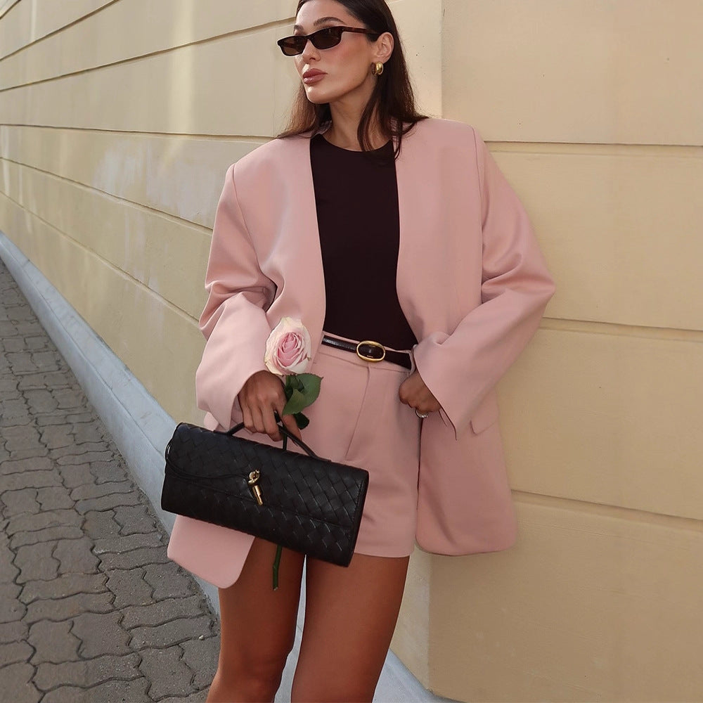 Women Oversized Blazer Set with High-Waist Shorts and Structured Shoulder Part EVA-US