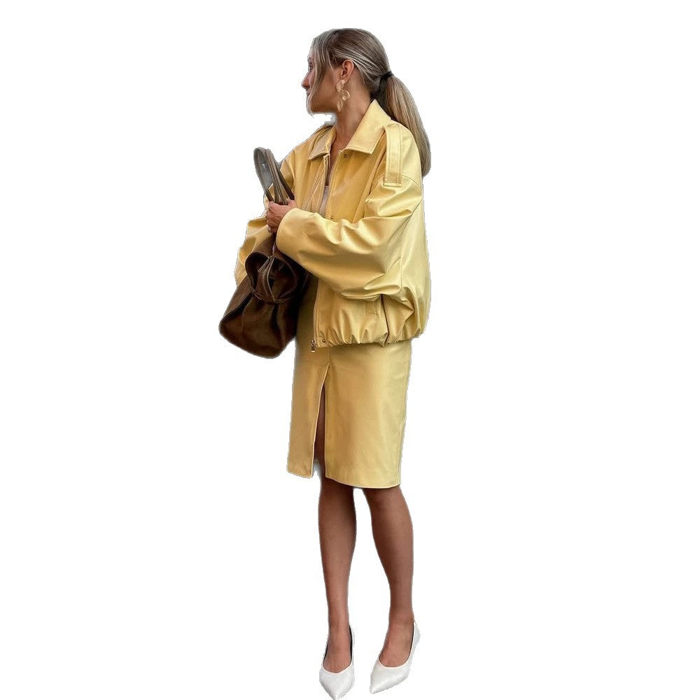 Women's Two-Piece Faux Leather Set with Cropped Bomber Jacket and Fitted Pencil Skirt EVA-US