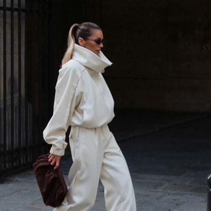 Women's Two-Piece Oversized Jacket and Pleated Pants Set with High Stand Collar EVA-US