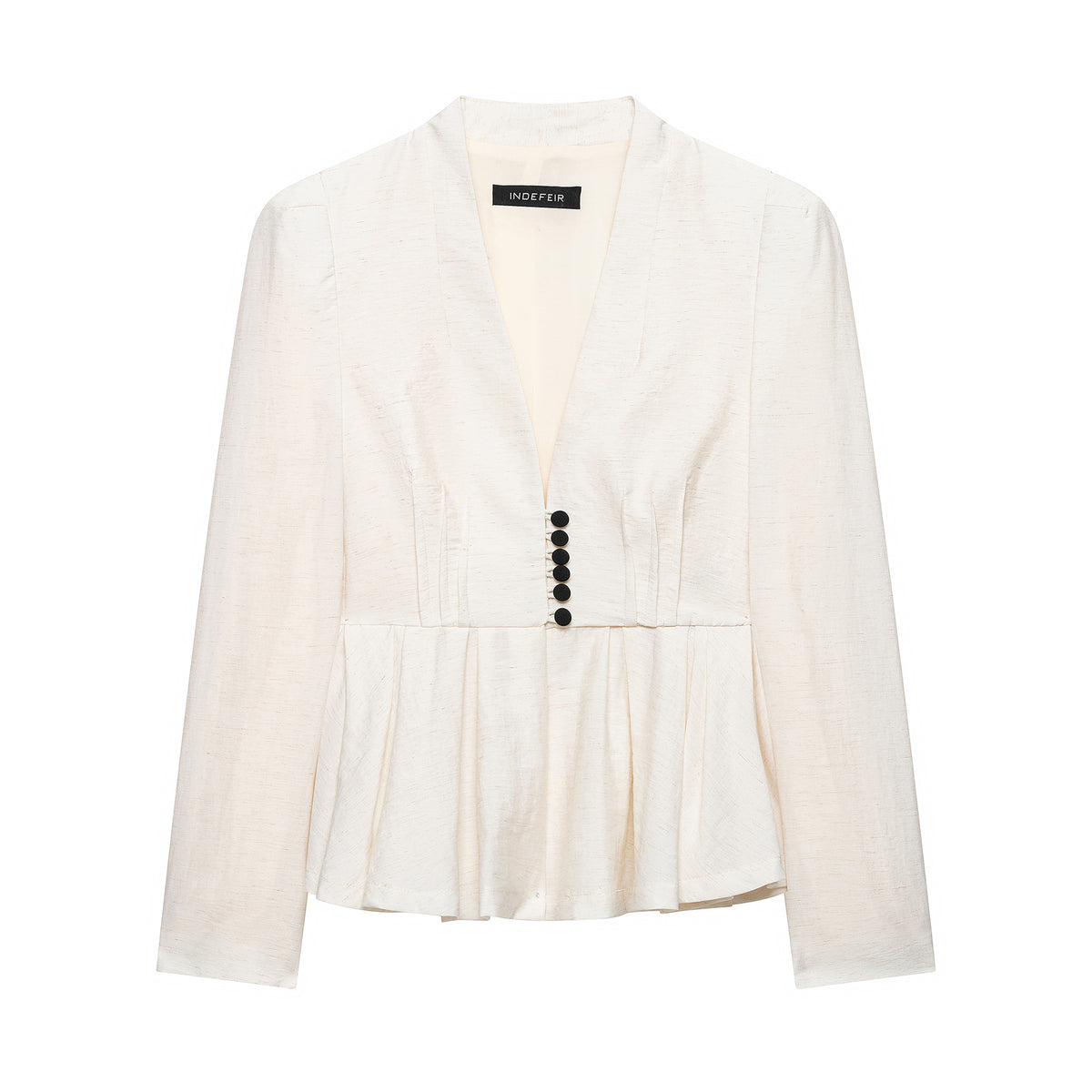 Women Tailored Blazer Jacket with Deep V-Neck, Pleated Peplum and Decorative Button Placket EVA-US
