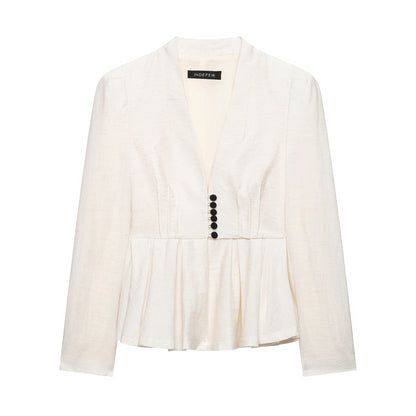 Women Tailored Blazer Jacket with Deep V-Neck, Pleated Peplum and Decorative Button Placket EVA-US