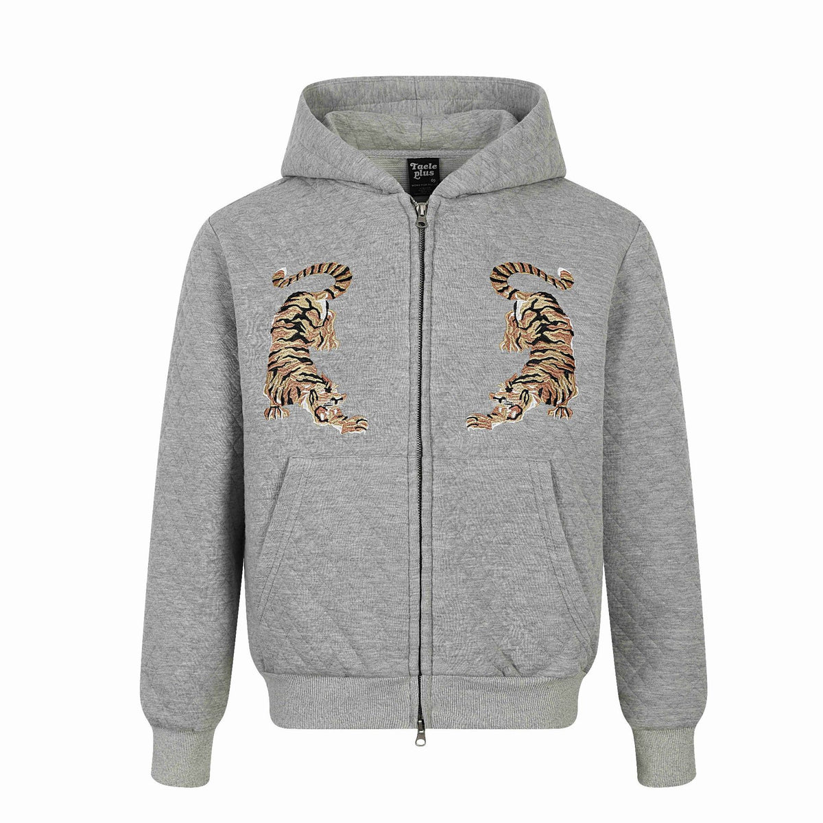 Unisex Quilted Hooded Jacket with Zipper, Kangaroo Pocket and Reflective Tiger Embroidery EVA-US
