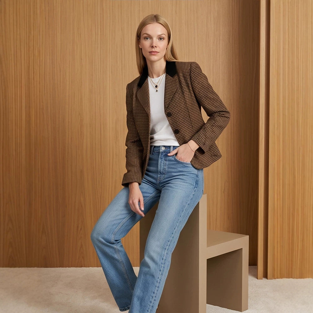 Women Tailored Houndstooth Blazer with Velvet Collar and Two-Button Placket EVA-US