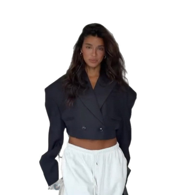 Women Cropped Boxy Blazer with Sculptured Shoulders and Boxy Silhouette EVA-US
