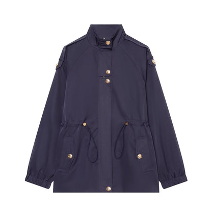Women's lightweight parka with stand-up collar, drawstring waist, and shoulder patches EVA-US
