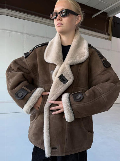 Women Oversize Shearling-Faux Pilot Jacket with Contrasting Trimmings & Buckle Details EVA-US