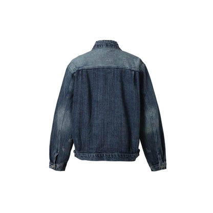Unisex Oversized Denim Jacket in Vintage Look with Artificial Worn Areas and Chest Pockets EVA-US