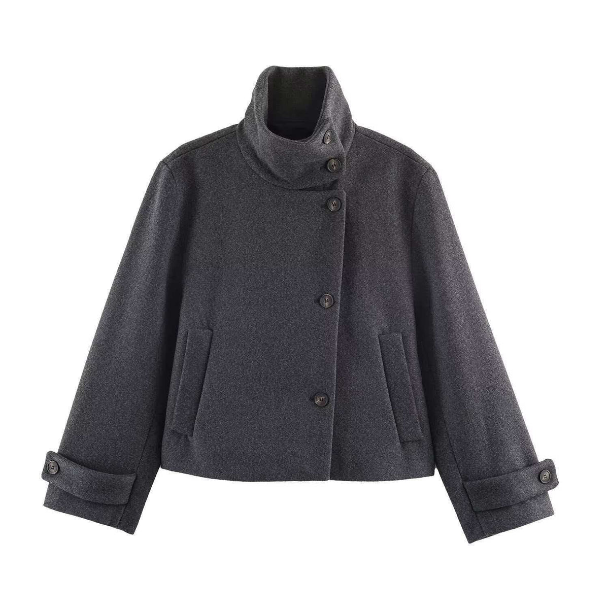 Women's short wool coat with high stand-up collar, asymmetric button placket and adjustable cuff straps EVA-US