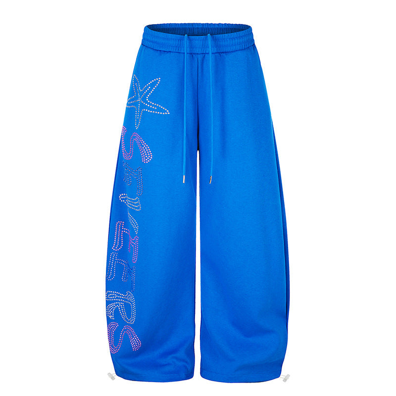 Women's Extra Wide Palazzo Jogger Pants with Drawstring Waistband, Adjustable Hem and Rhinestone Lettering EVA-US